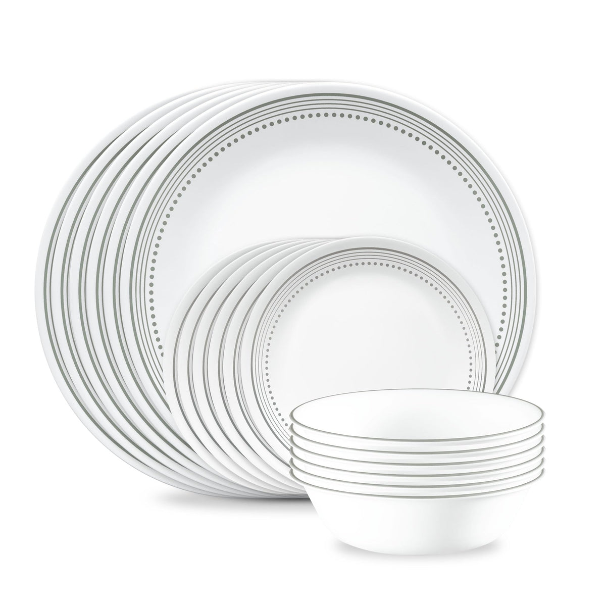 Corelle front view of Mystic Gray 18-piece set showing full packaging and elegant styling