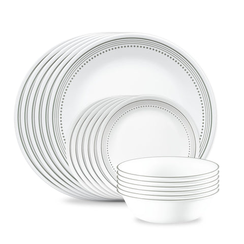 Corelle front view of Mystic Gray 18-piece set showing full packaging and elegant styling