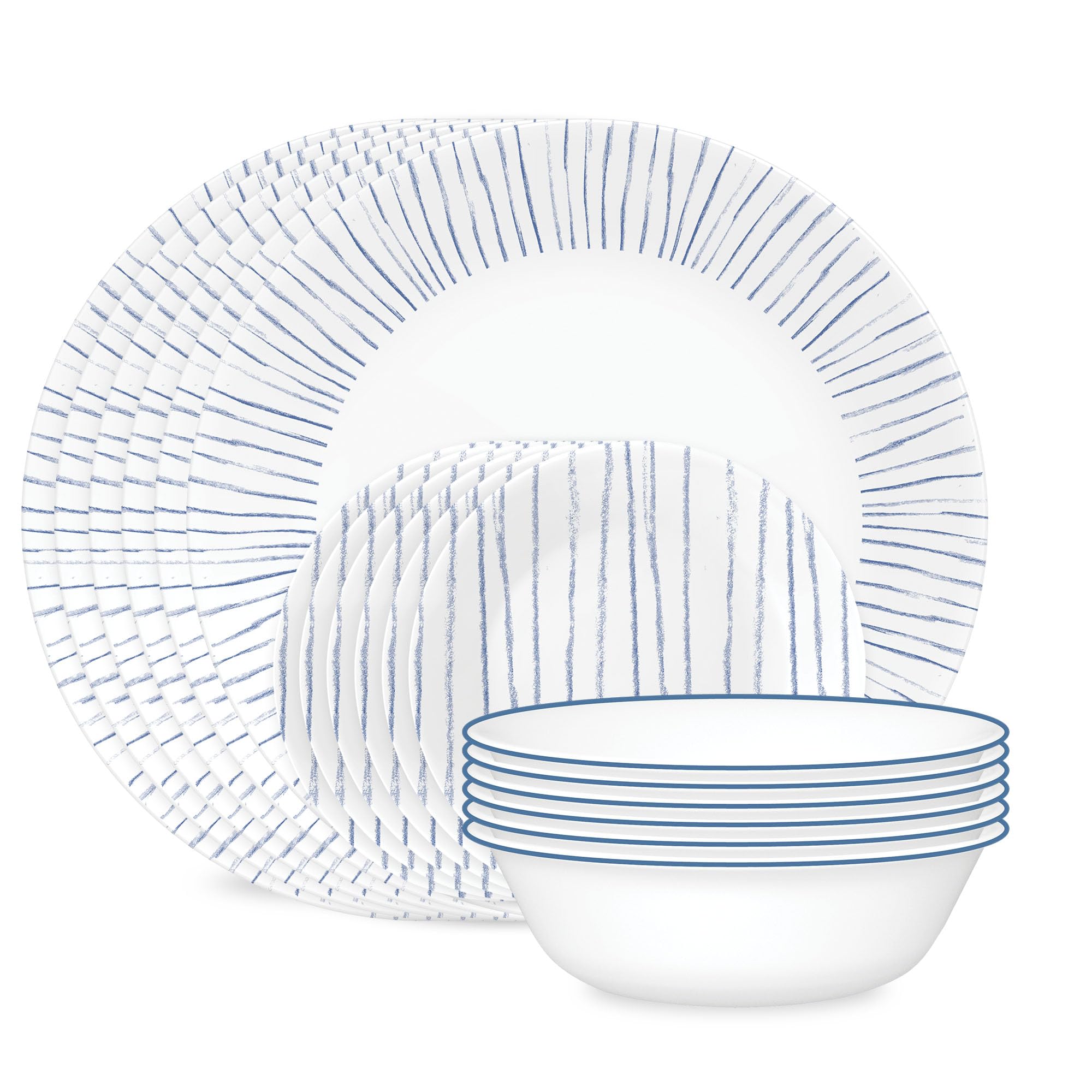 Corelle front view of full 18-piece set showing nautical stripes and benefit of cohesive tableware