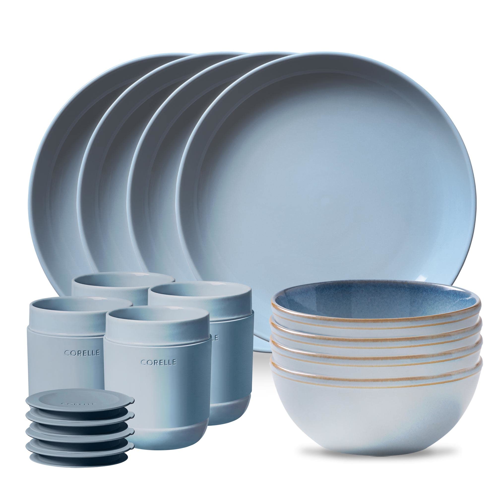 Corelle Nordic Blue front packaging showing set contents and benefit of organized storage