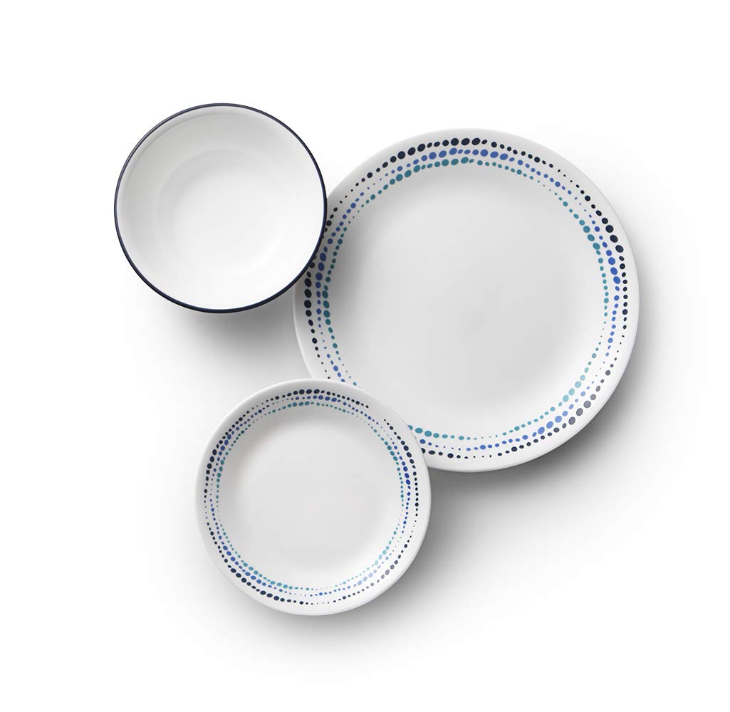 Corelle Ocean Blue close-up of blue droplet pattern, adds modern style