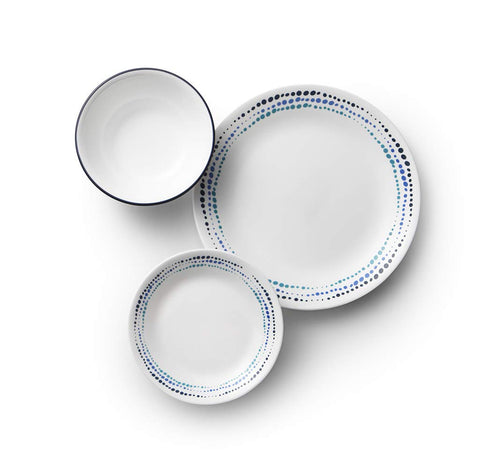 Corelle Ocean Blue close-up of blue droplet pattern, adds modern style