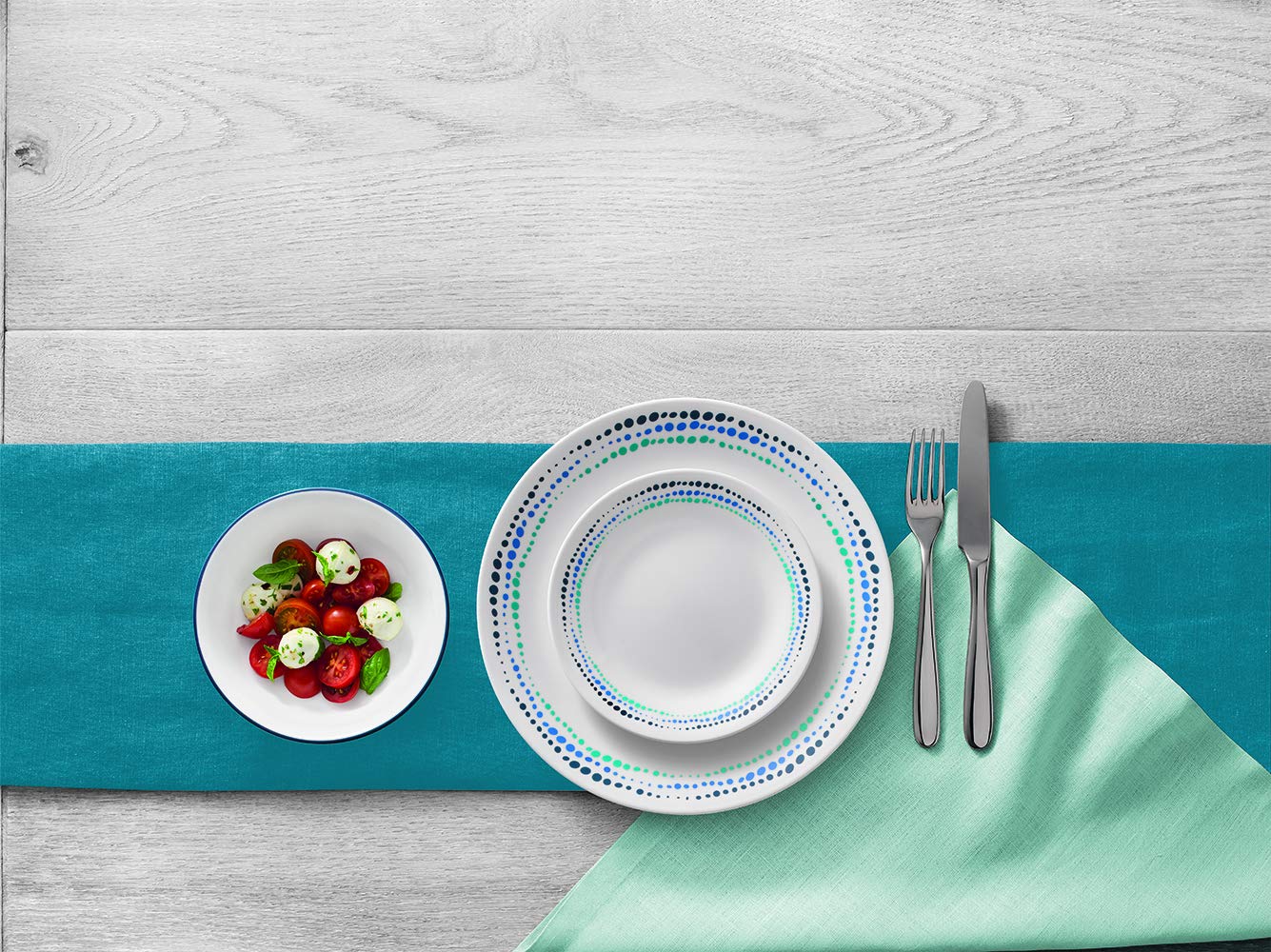Corelle Ocean Blue label showing dimensions and 3-year warranty assurance