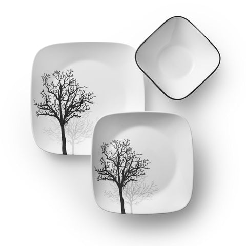 Corelle close-up of Timber Shadows tree pattern, clear detail enhances table appeal
