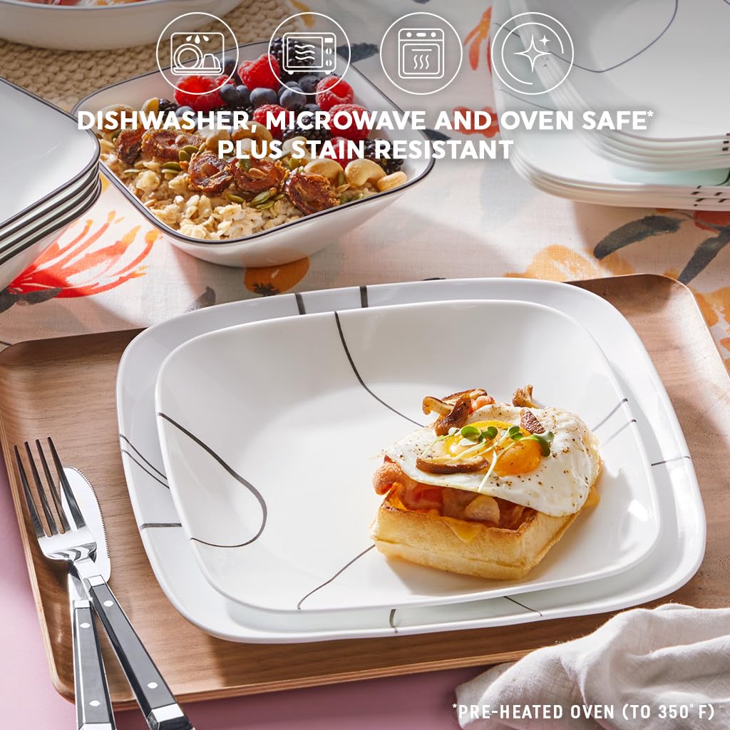 Corelle stacked plates and bowls demonstrating compact storage and space savings