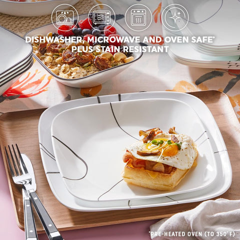 Corelle stacked plates and bowls demonstrating compact storage and space savings