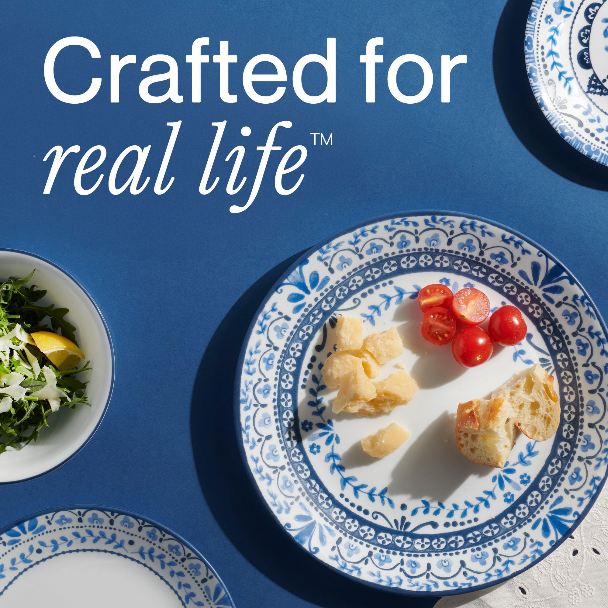 Corelle plates styled on patio table showing outdoor-friendly casual dining benefit