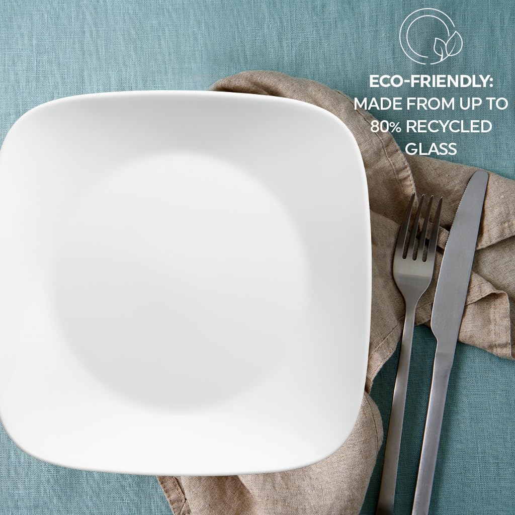 Corelle stacked plates in cabinet showing space-saving benefit