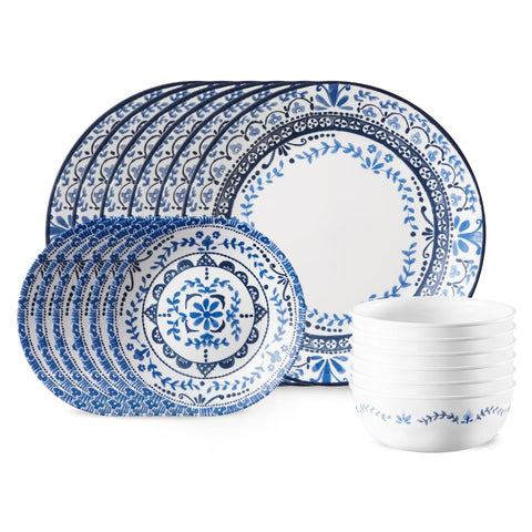 Corelle Portofino front view of the full 18-piece set showing pattern and benefit of coordinated service