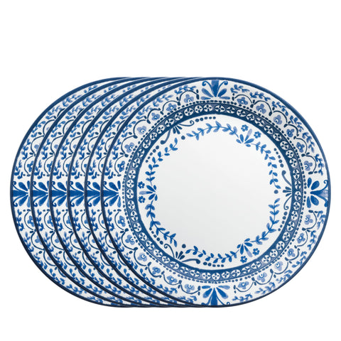 Corelle Portofino front view showing full plate and blue tile pattern benefit: elegant table focal point