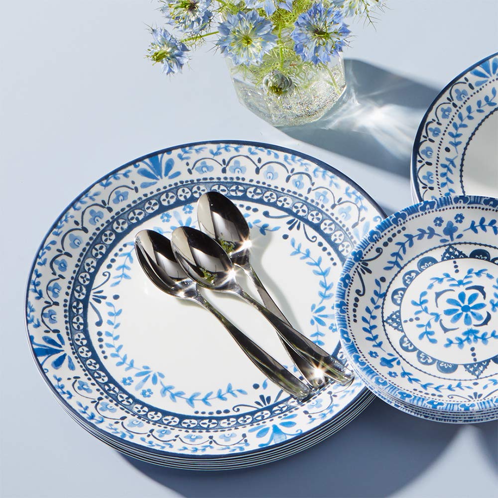 Corelle Portofino stacked plates demonstrating compact storage to save cabinet space