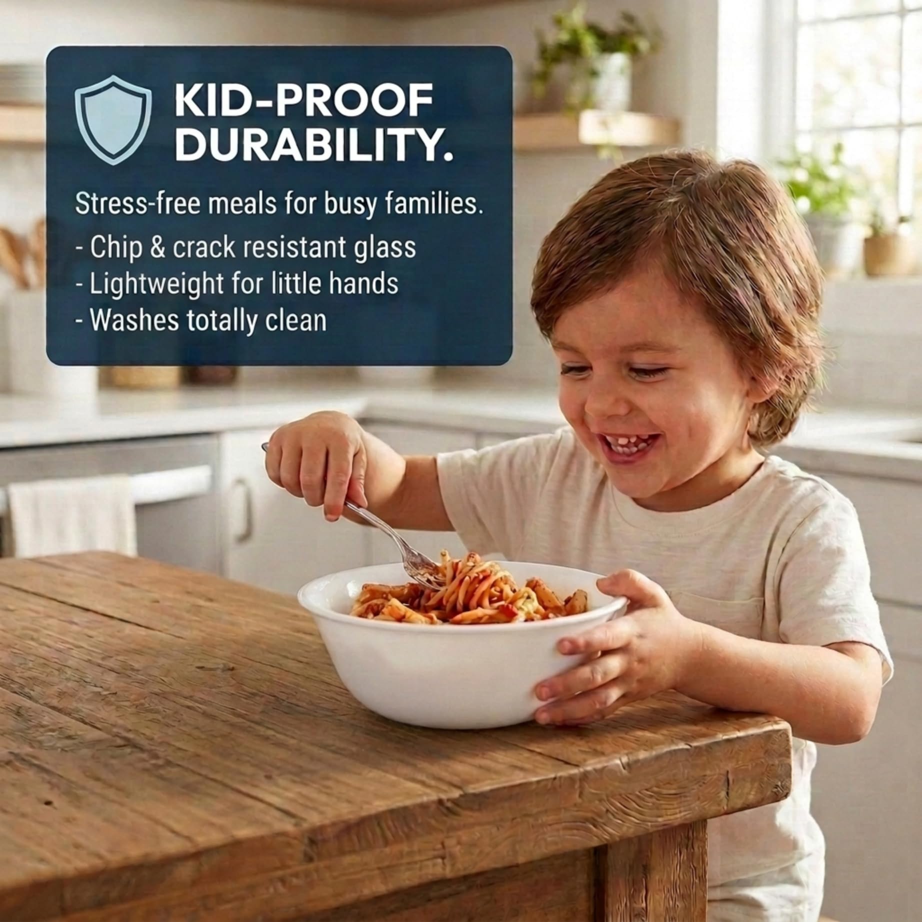 Corelle bowl next to measuring cup showing 28-ounce capacity clarity and scale