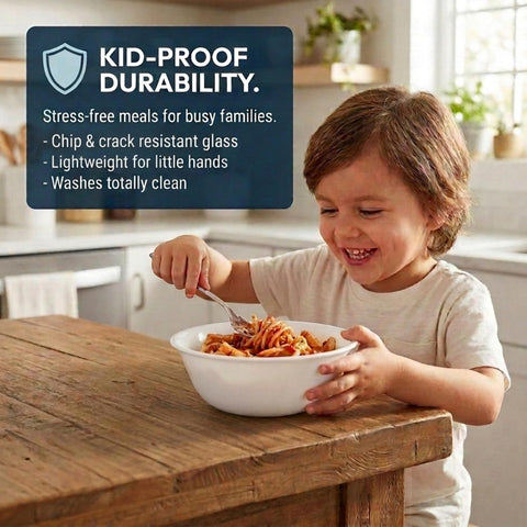 Corelle bowl next to measuring cup showing 28-ounce capacity clarity and scale