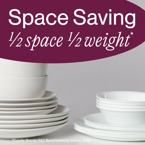 Corelle bowl held in hand showing 28oz scale and comfortable handling