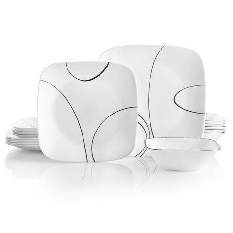 Corelle front view of boxed 18-piece set showing modern look and convenience