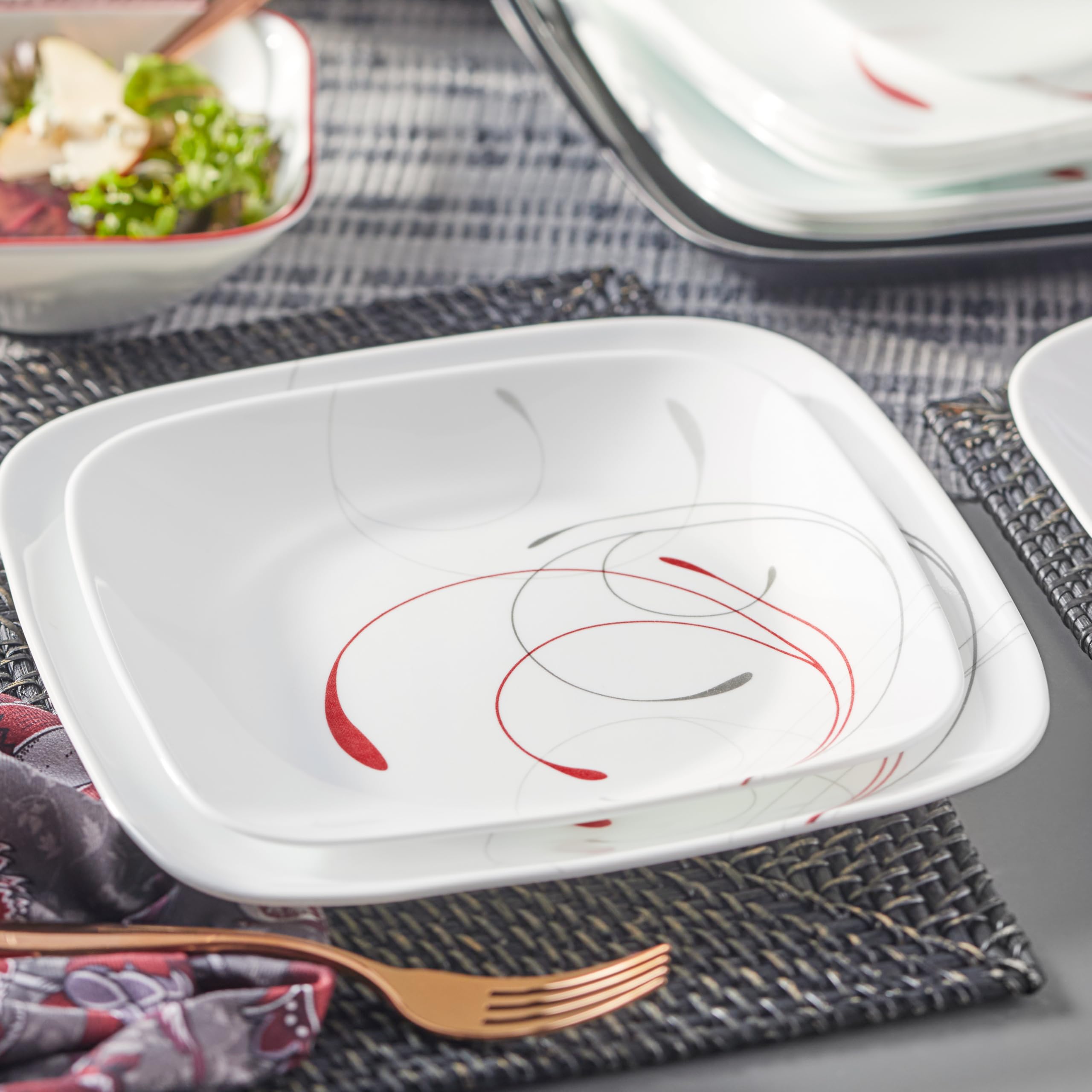 Corelle top view of appetizer plate highlighting pattern and easy stacking benefit