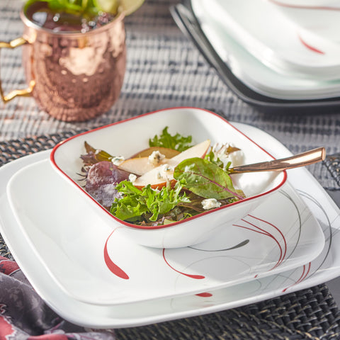 Corelle close-up of square dinner plate showing plume pattern and chip resistance