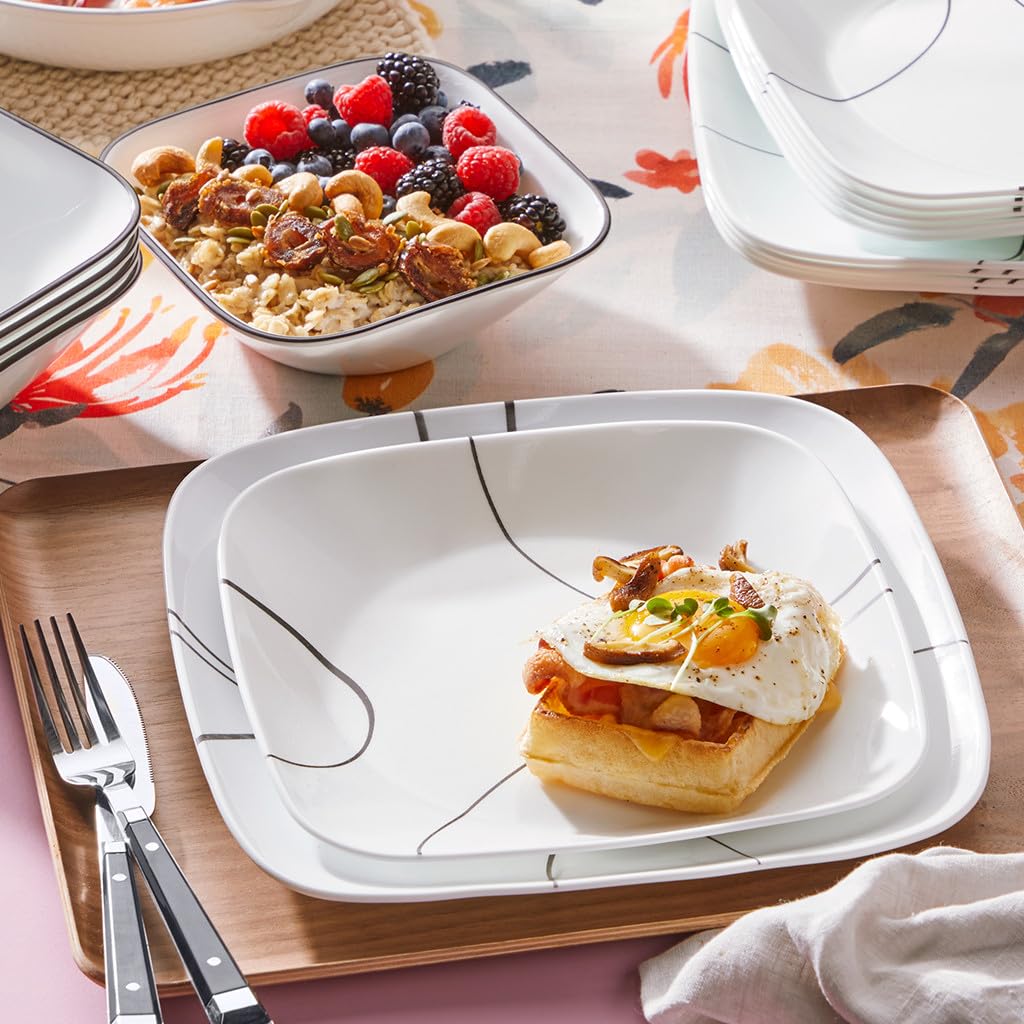 Corelle close-up of black curved pattern on square plate highlighting stylish accent