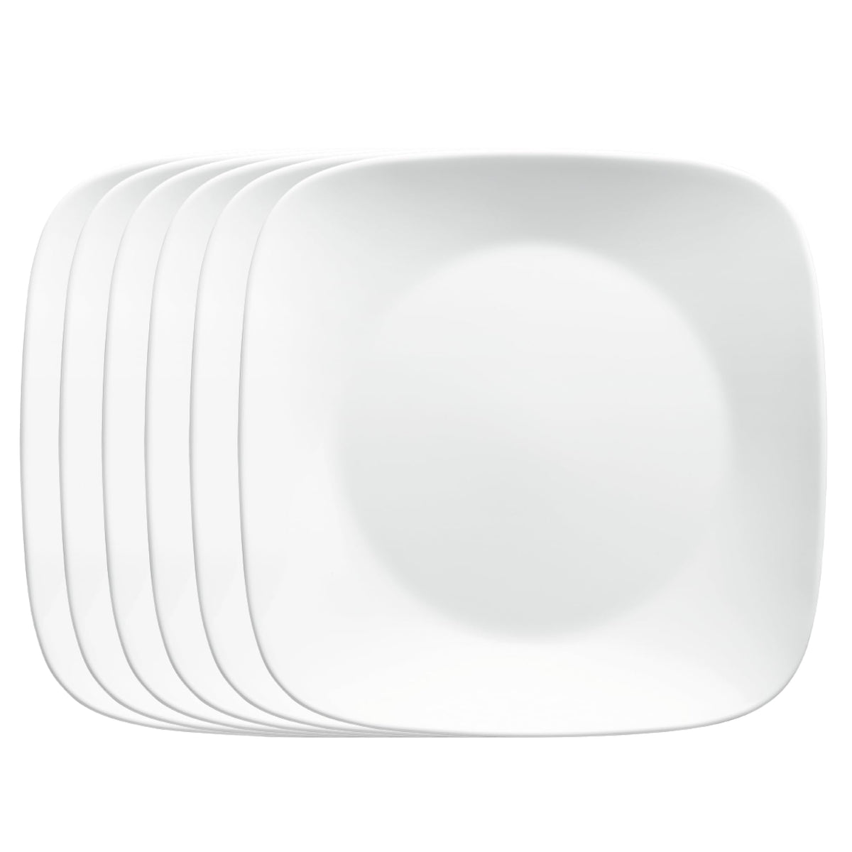 Corelle front view showing six white square plates, durable and elegant