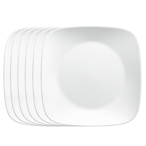 Corelle front view showing six white square plates, durable and elegant
