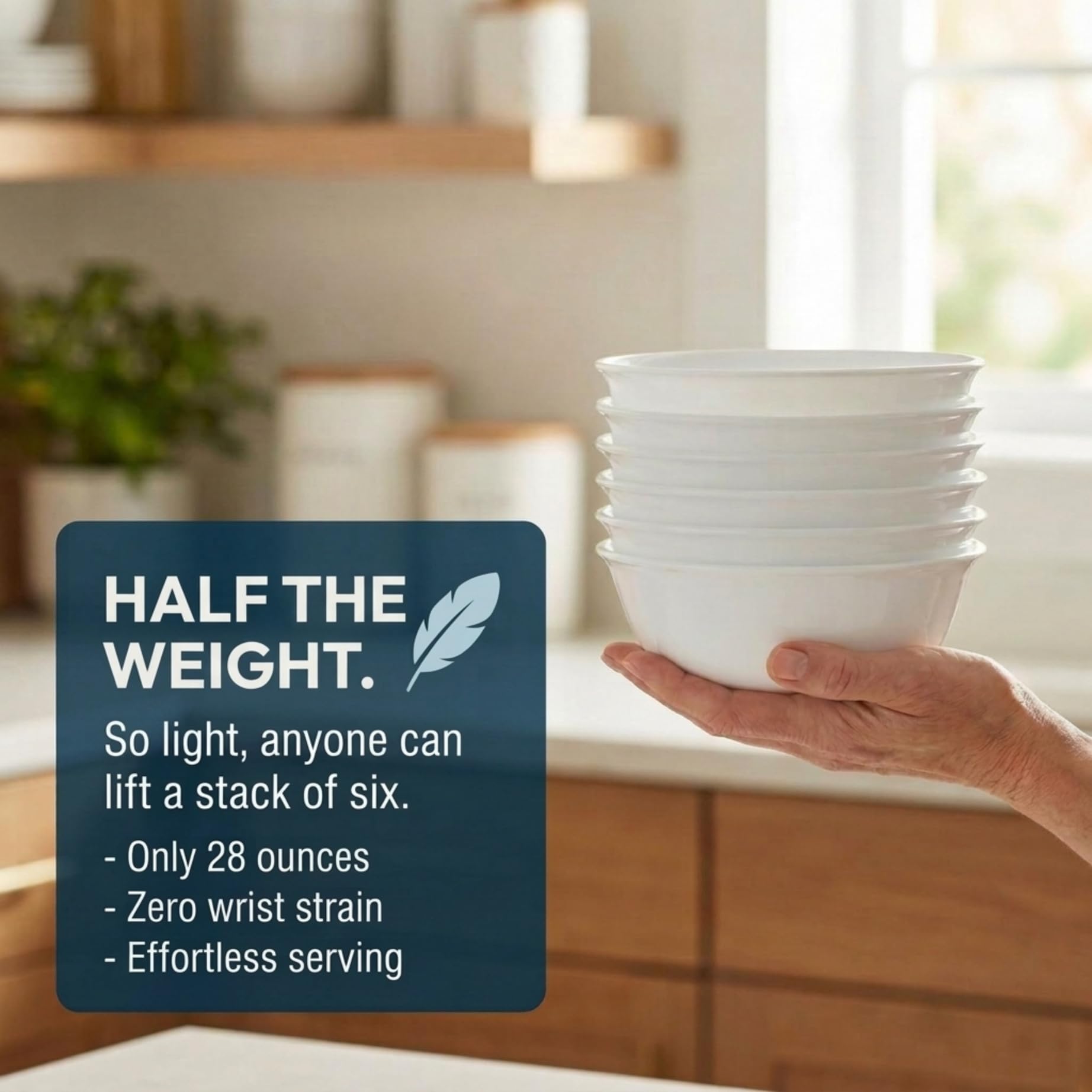 Corelle stacked bowls side view demonstrating space-saving stackability benefit