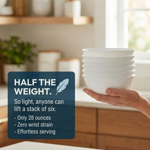 Corelle stacked bowls side view demonstrating space-saving stackability benefit