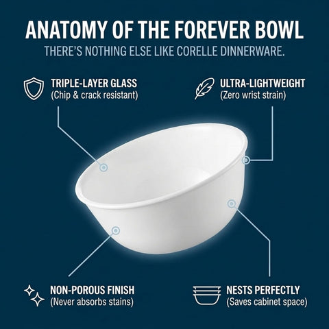 Corelle bowls on a dining table with food showing elegant everyday presentation