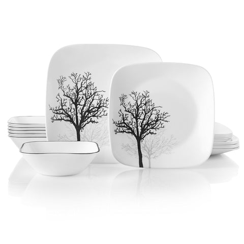 Corelle Timber Shadows front view showing square plates and bowls, durable everyday style