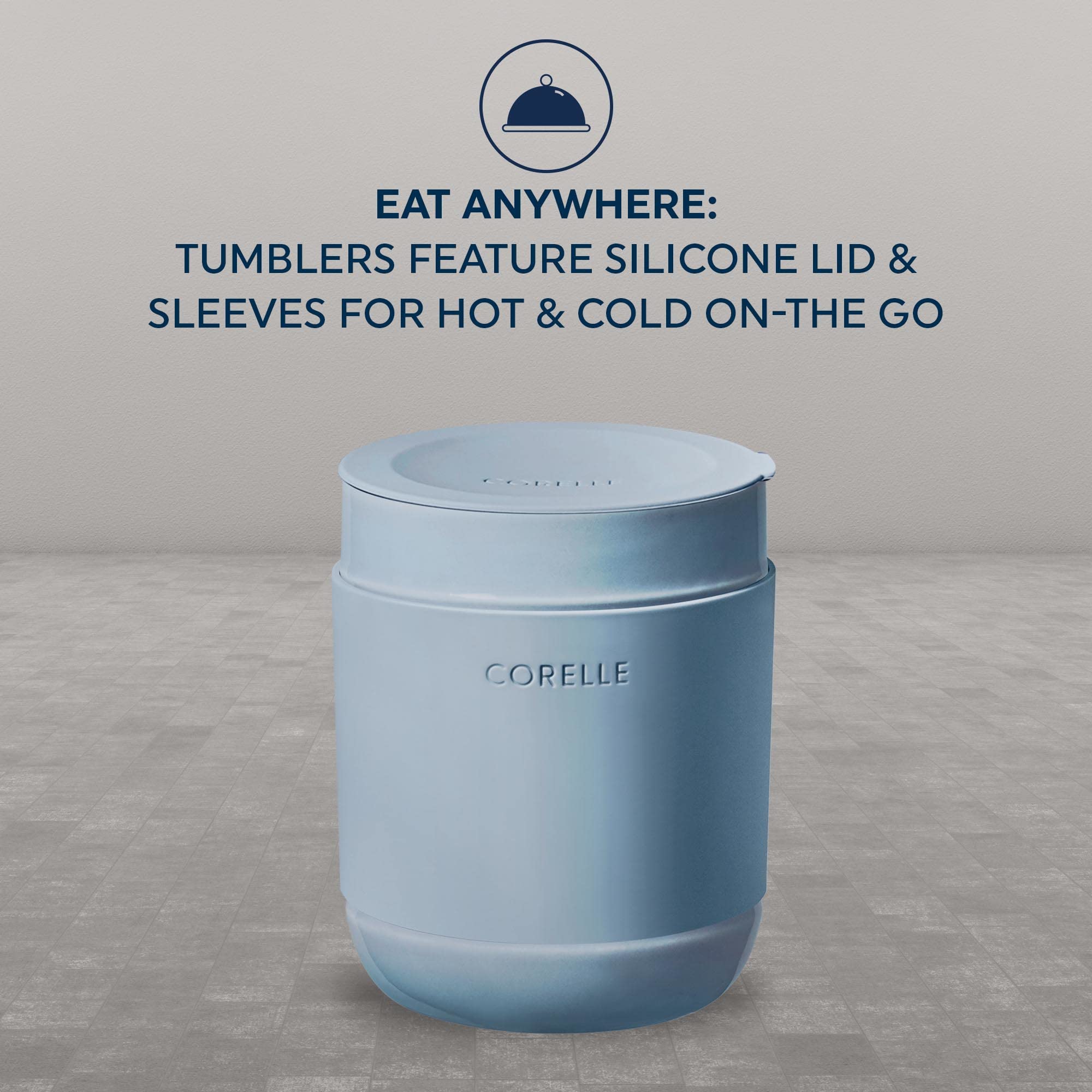Corelle tumbler filled with beverage showing easy-grip and portable drinking benefit