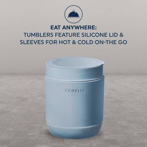 Corelle tumbler filled with beverage showing easy-grip and portable drinking benefit