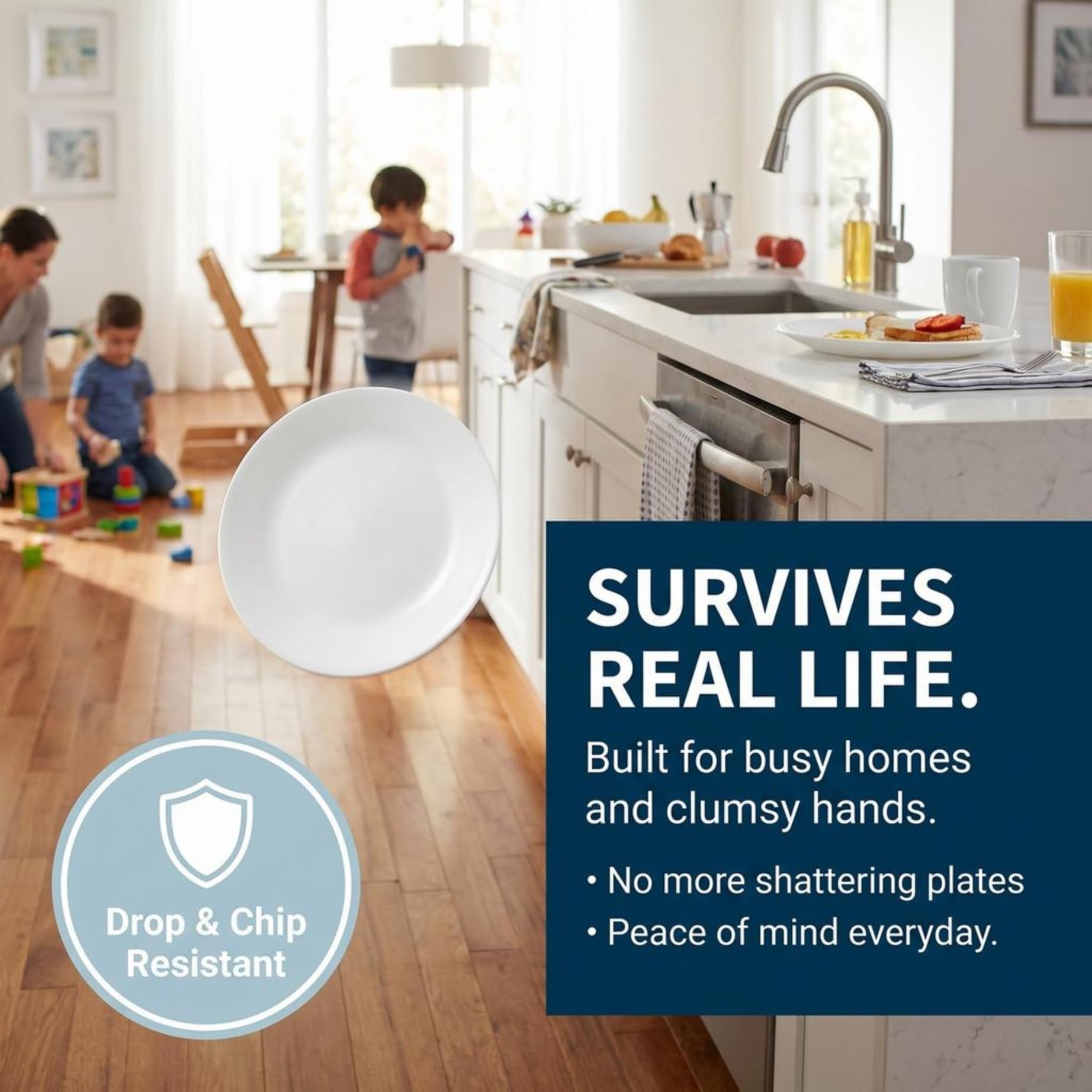 Corelle Vitrelle stacked plates demonstrating compact storage and easy cabinet fitting