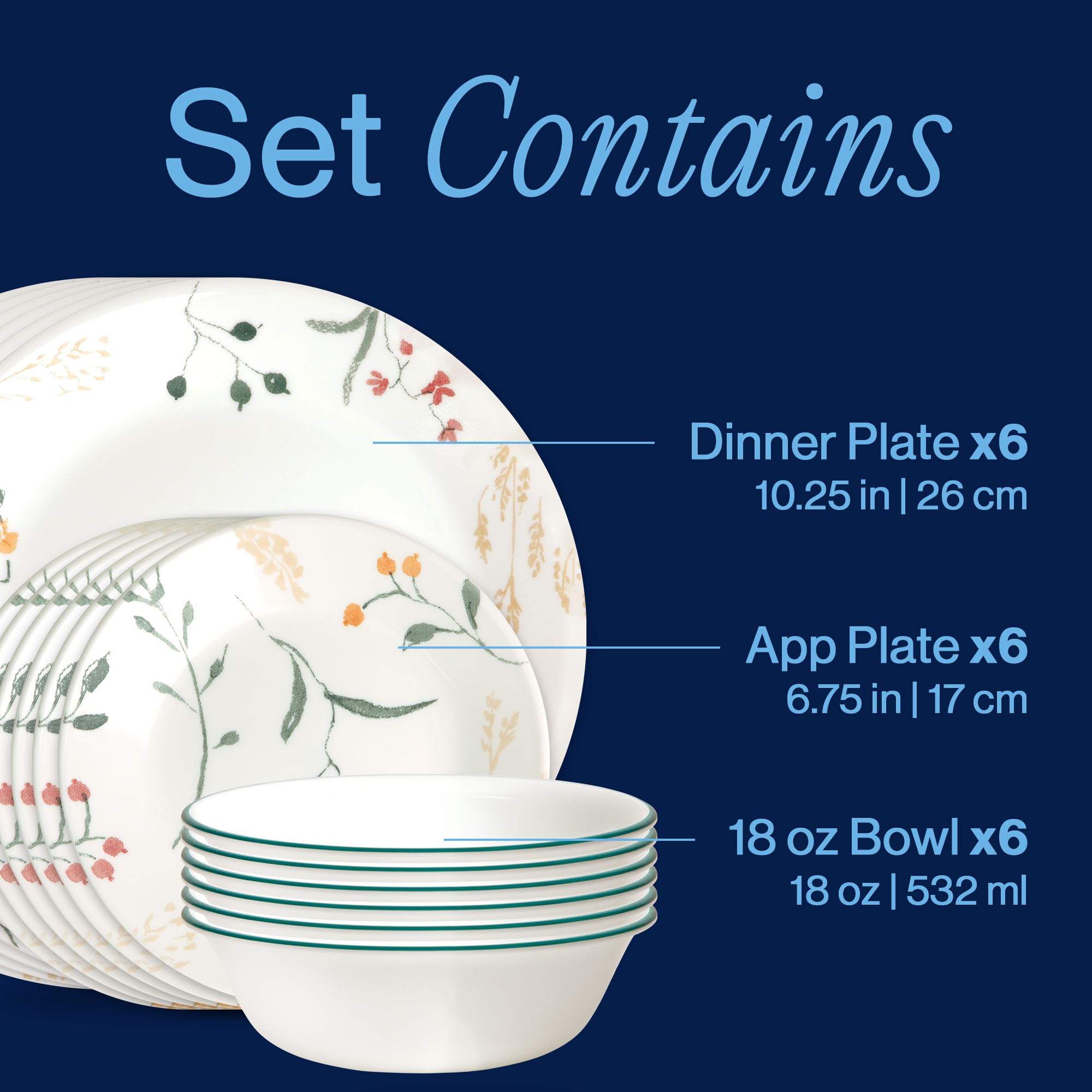 Corelle Wildflower appetizer plate top view highlighting floral pattern and easy stacking