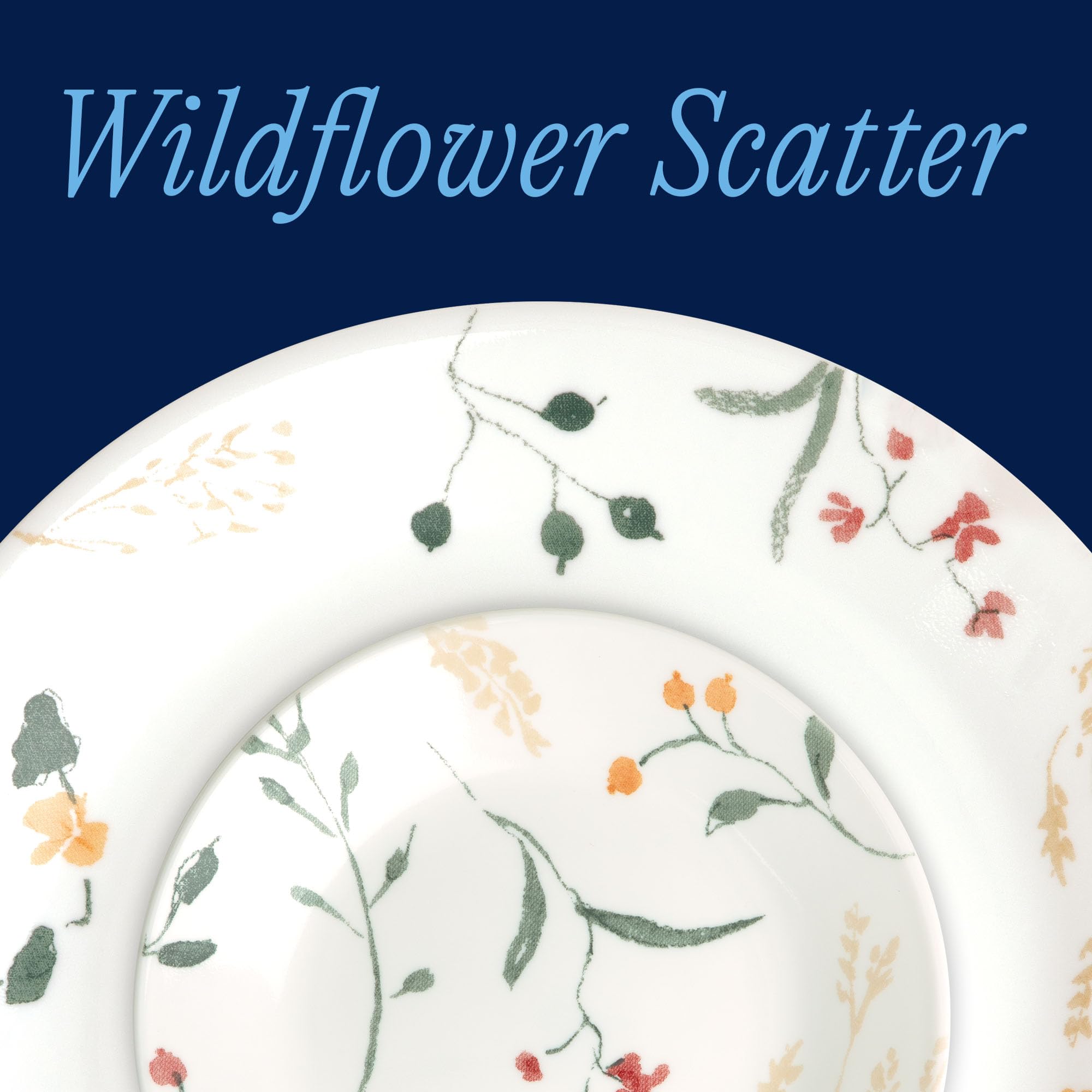 Corelle Wildflower dinner plate close-up showing chip-resistant rim and durable finish