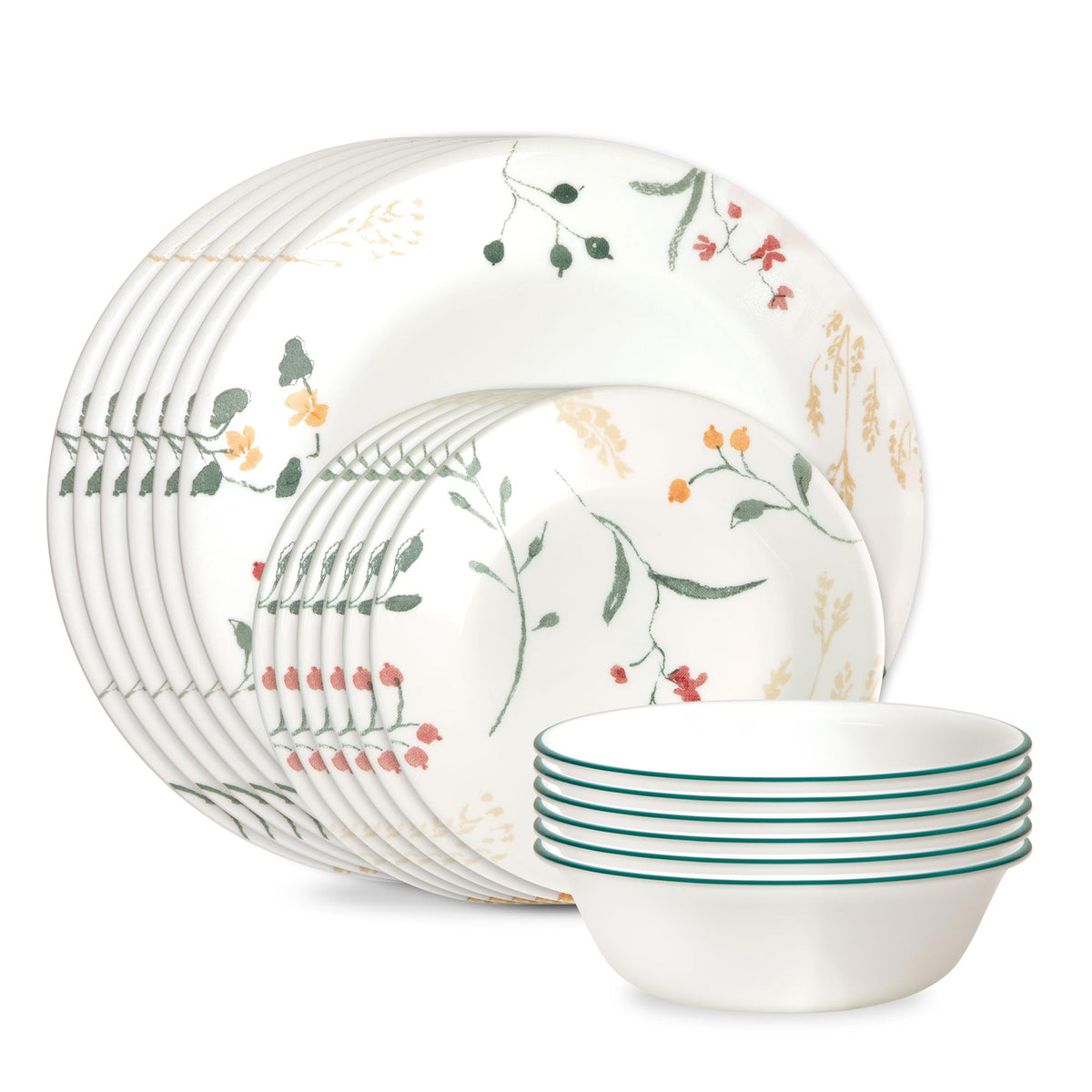 Corelle Wildflower front packaging showing full 18-piece set and benefit of complete service
