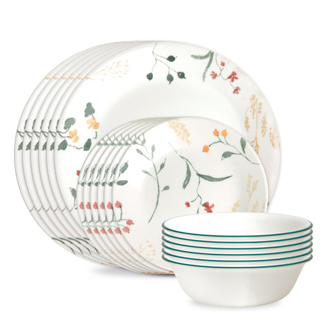 Corelle Wildflower front packaging showing full 18-piece set and benefit of complete service