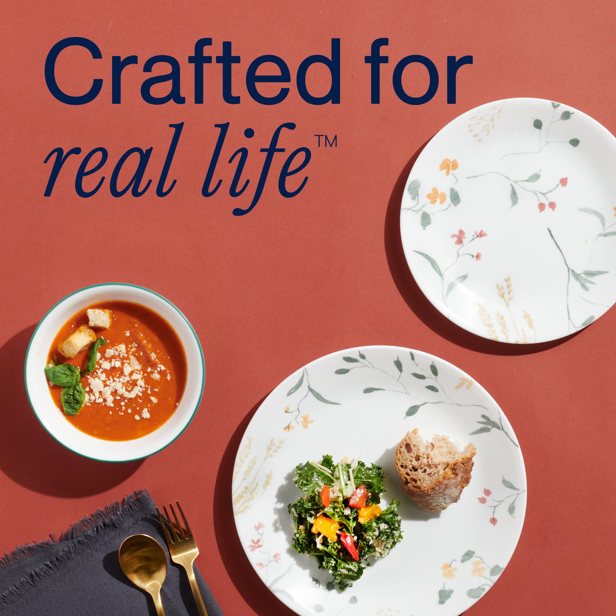 Corelle Wildflower table setting with food showing attractive presentation and versatile styling