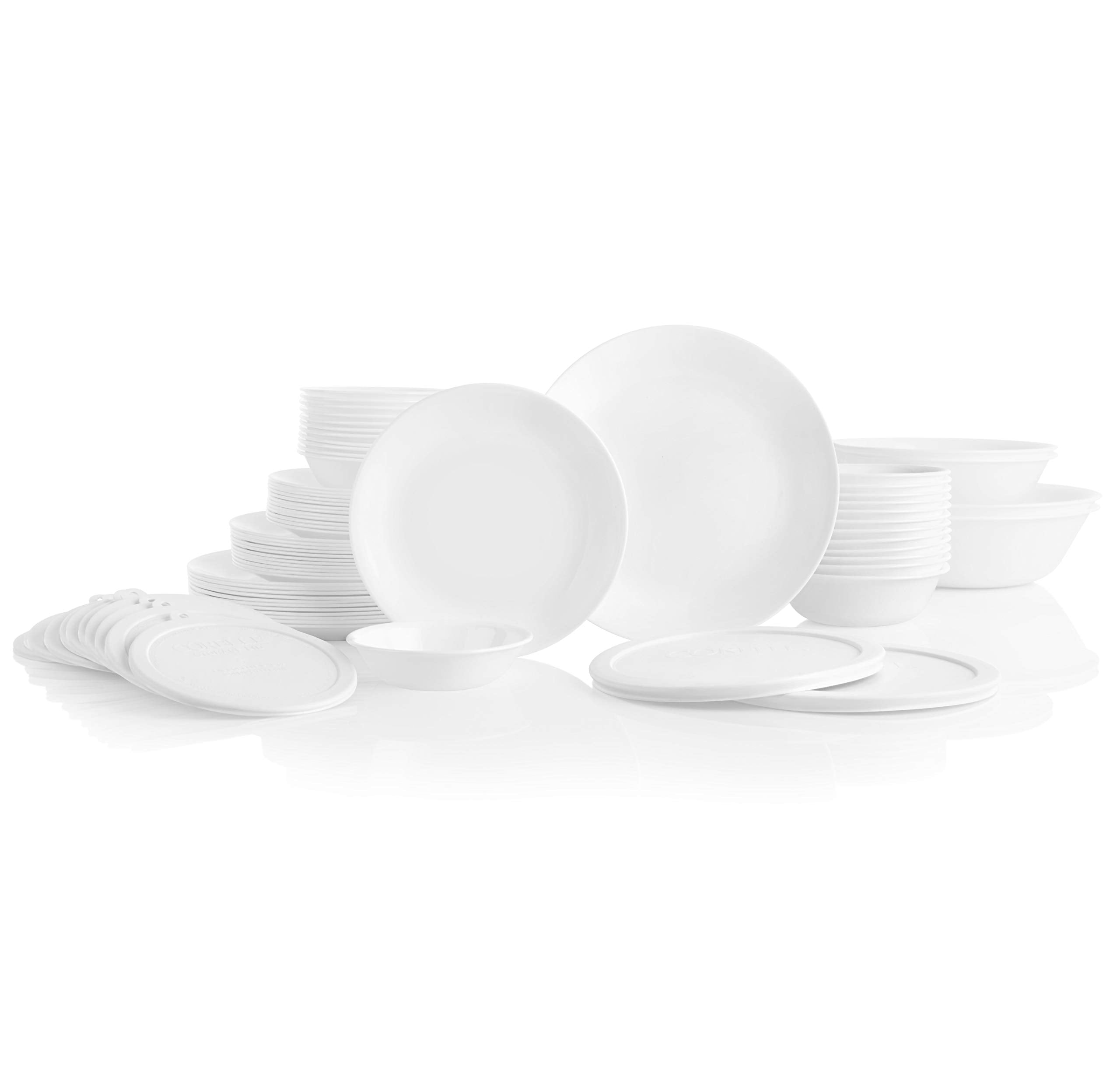 Corelle front view of full 78-piece set showing clean Winter Frost White finish and convenience