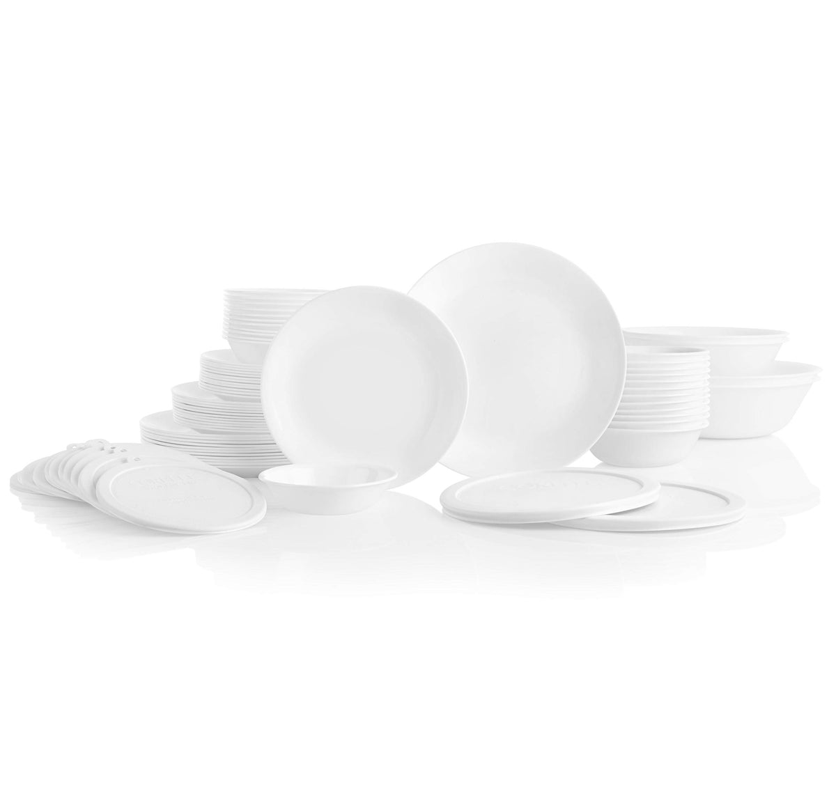 Corelle front view of full 78-piece set showing clean Winter Frost White finish and convenience