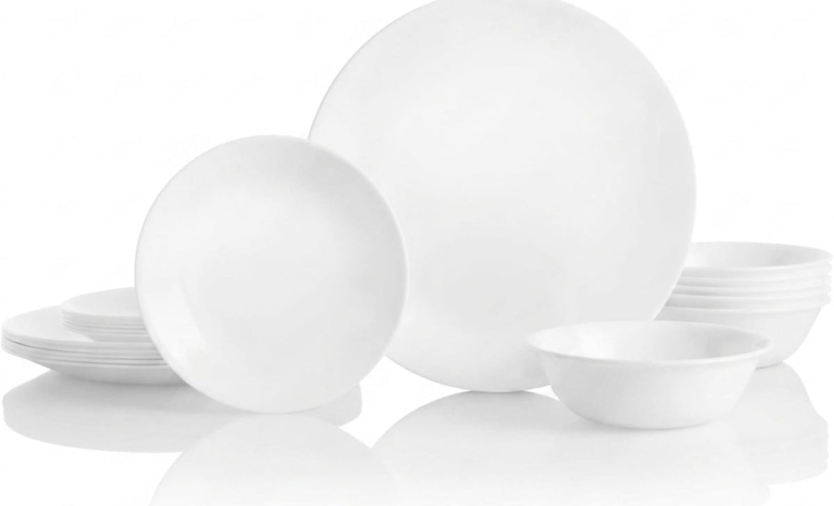 Corelle Winter Frost front view showing full 18-piece set and elegant white finish benefit: versatile styling