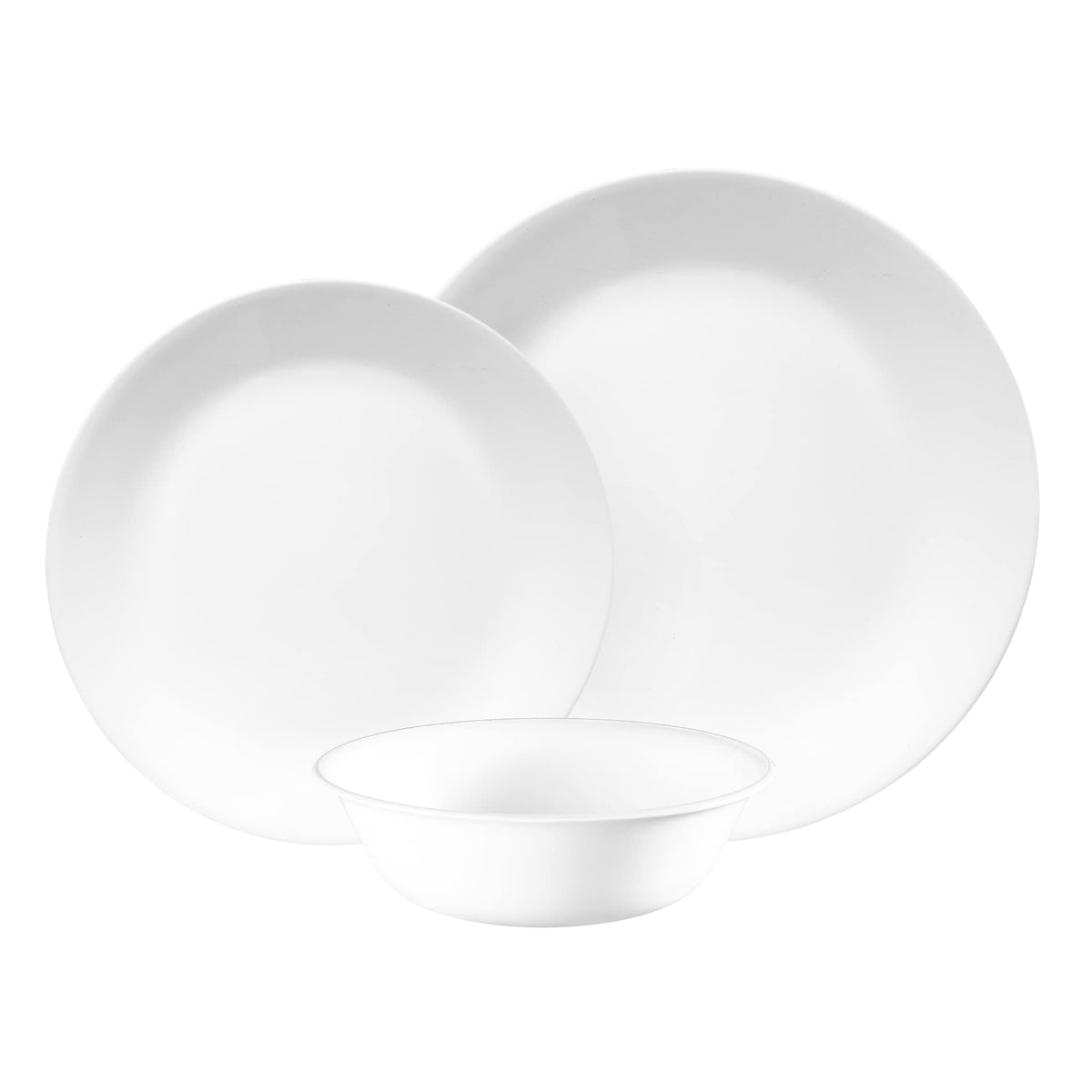 Corelle front view showing Winter Frost White set and compact storage benefit