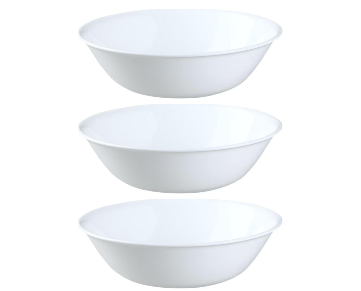 Corelle Winter Frost front view of three nesting serving bowls shows space-saving design