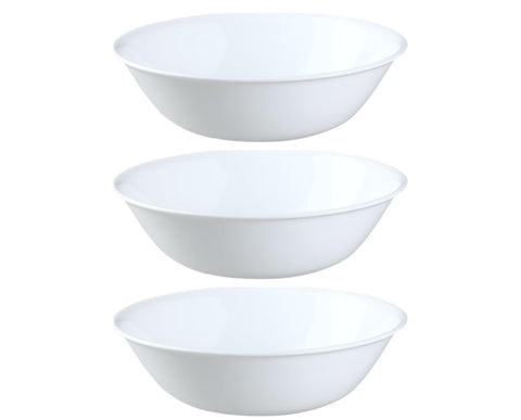 Corelle Winter Frost front view of three nesting serving bowls shows space-saving design