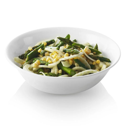 Corelle Winter Frost bowls in use on a family table presenting salad and sides
