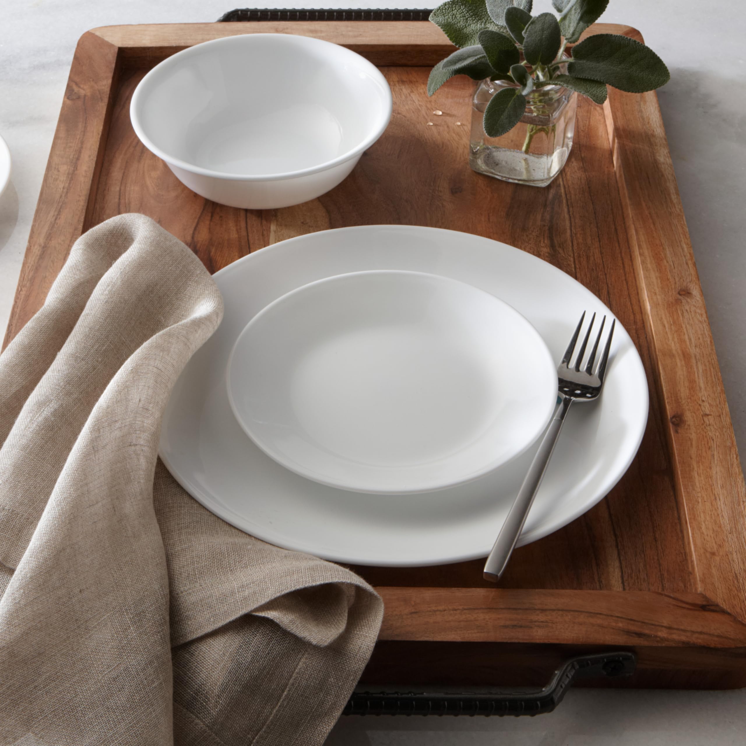 Corelle Winter Frost stacked plates and bowls side profile demonstrating compact storage benefit