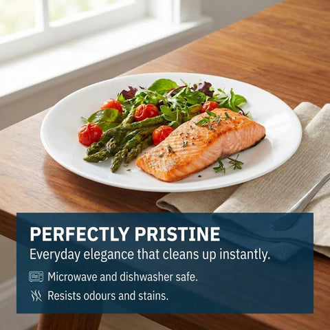 Corelle Winter Frost set styled on dining table with food showing versatile presentation benefit
