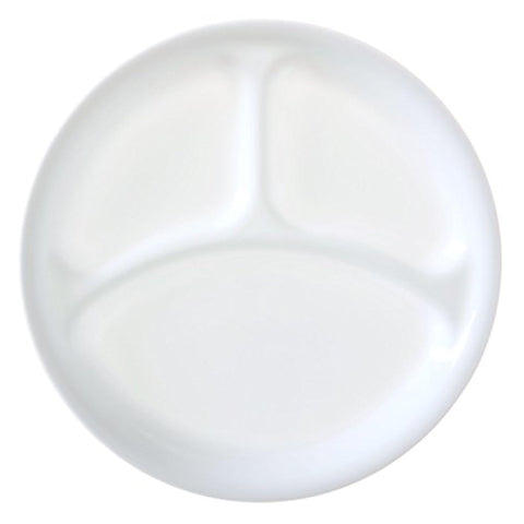 Corelle Winter Frost White plate set in kitchen on table demonstrating portion control and family-friendly use