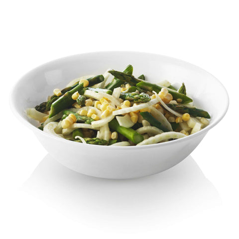 Corelle Winter Frost White front view of four stacked bowls showing clean finish and space-saving benefit