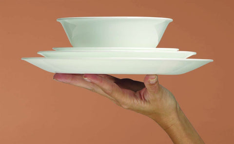 Corelle Winter Frost White stacked platters highlighting space-saving design