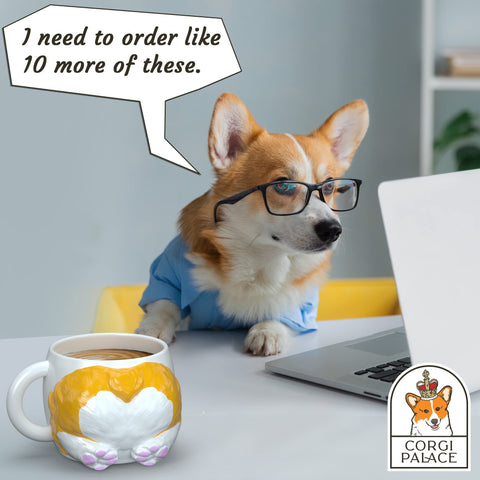 Corgi Palace mug displayed on shelf adding playful decor benefit