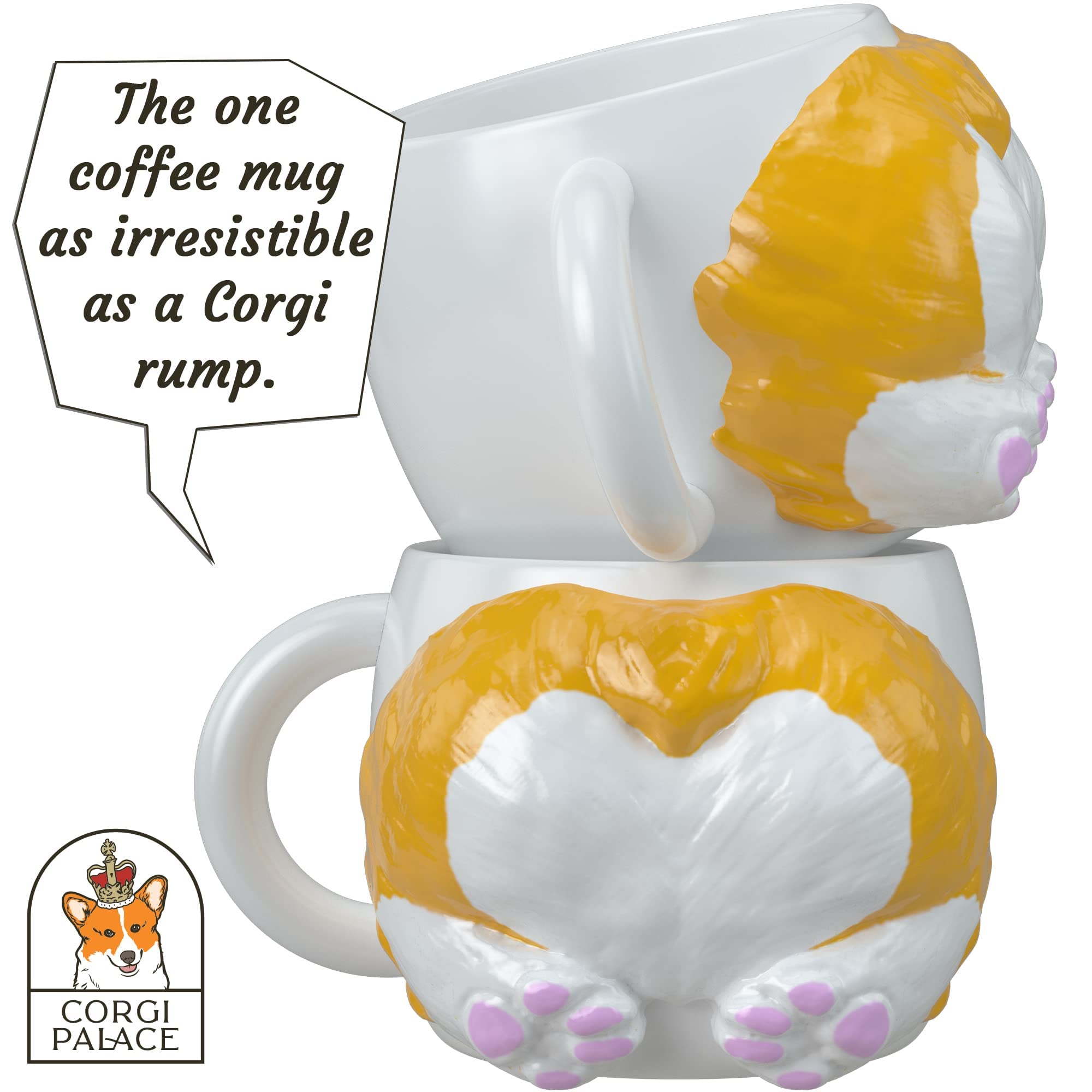 Corgi Palace mug held in hand showing size and comfortable grip